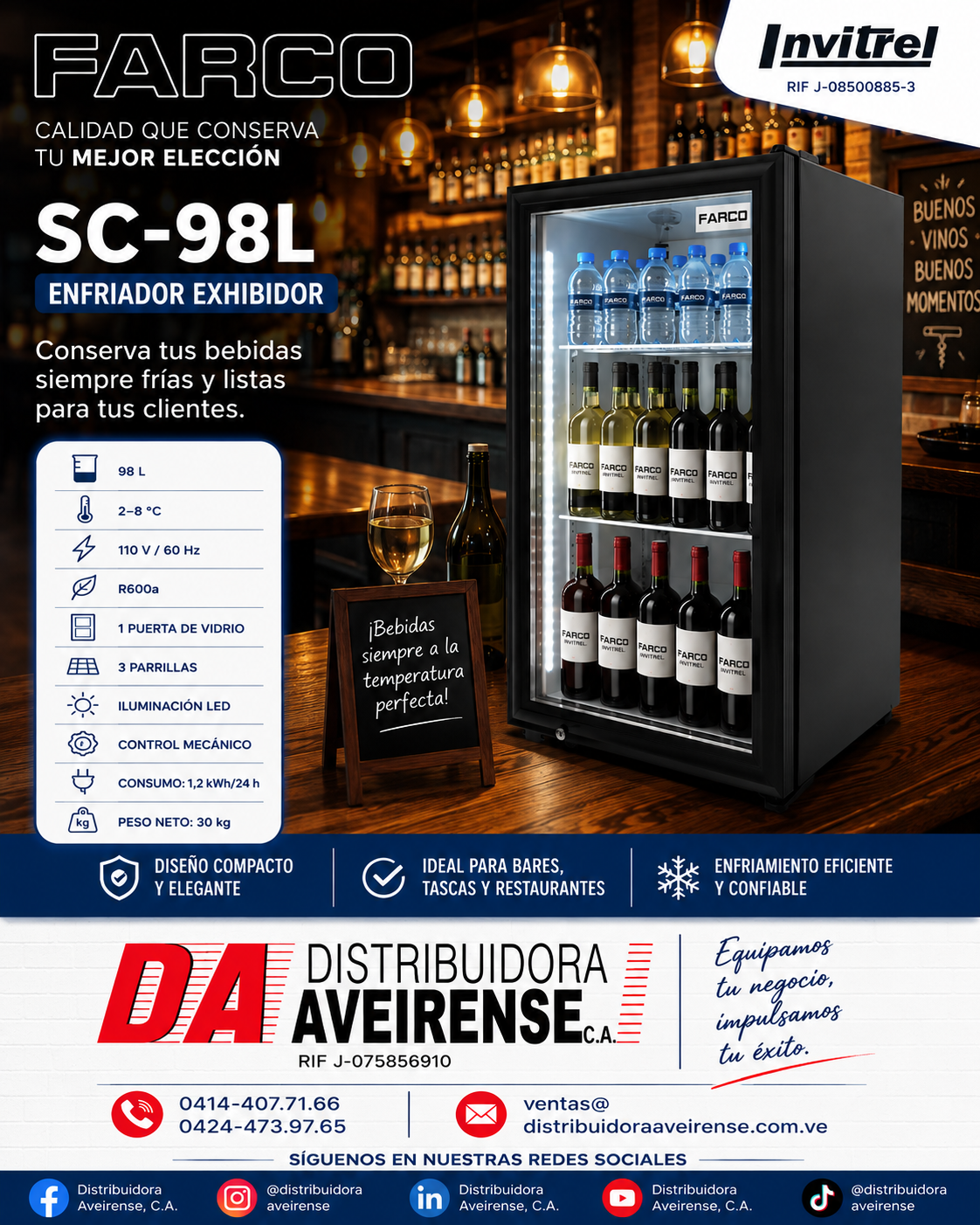 FARCO SC-98L: Enfriador Exhibidor de 98 Litros para Refrigeración Comercial